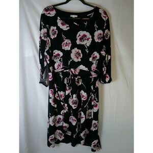 Cato Women's XL‎ Black Floral Dress Long Sleeve Tie Waist Midi Dress